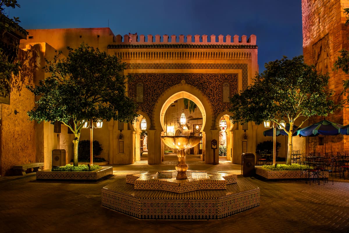 Partial view of the Morocco Pavillion at nighttime at Epcot in Disney World.