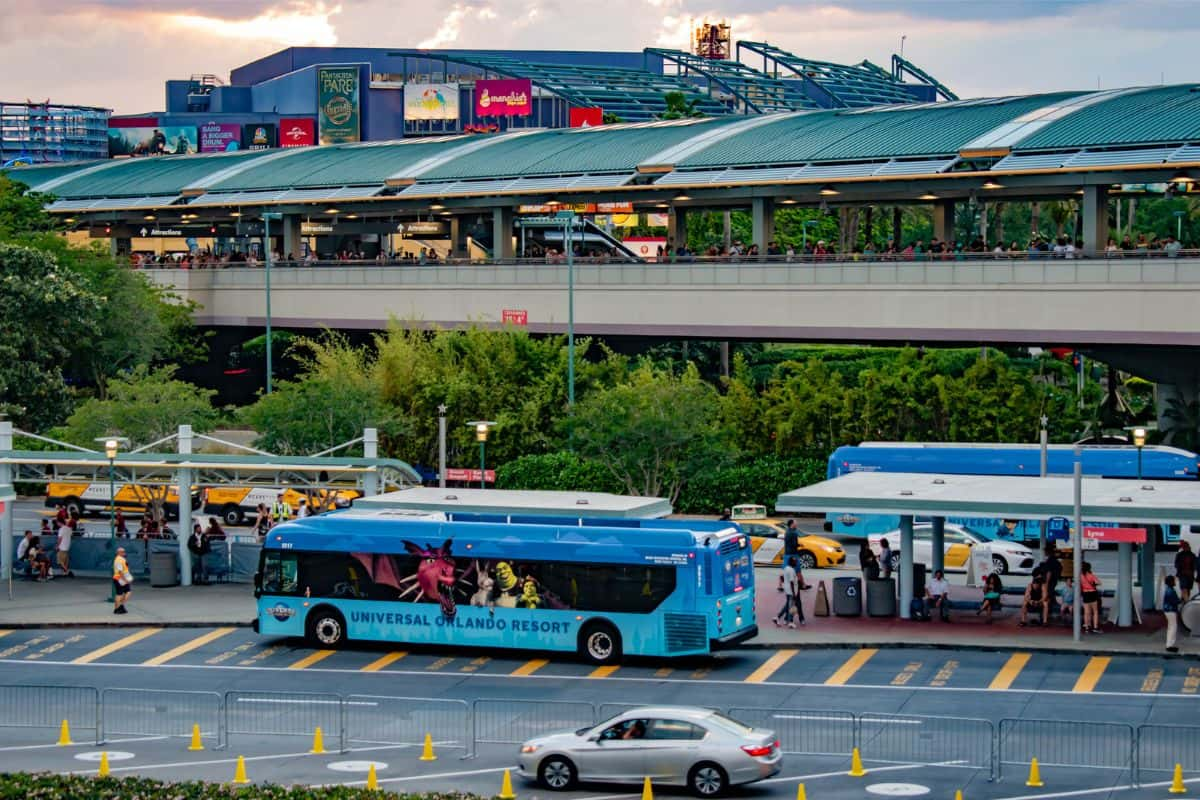 Universal Shuttle parked at the bus and taxi waiting area at Citywalk in Universal Orlando