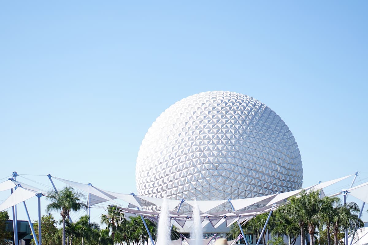 Panoramic view of Spaceship Earth at EPCOT.