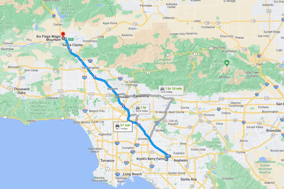Screenshot of a Google Map showing the distance between Knott's Berry Farm and Six Flags. 