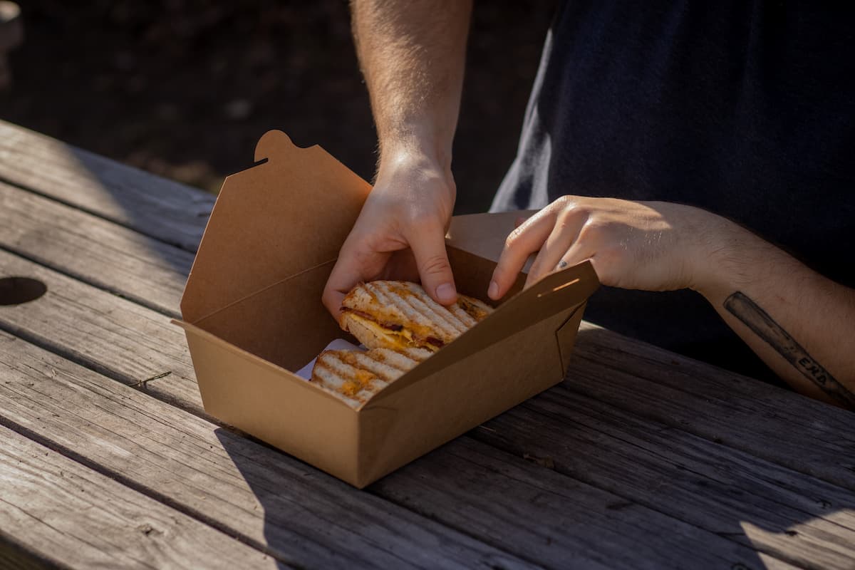 Photo of a person's hand holding a grilled sandwich in a brown box. 