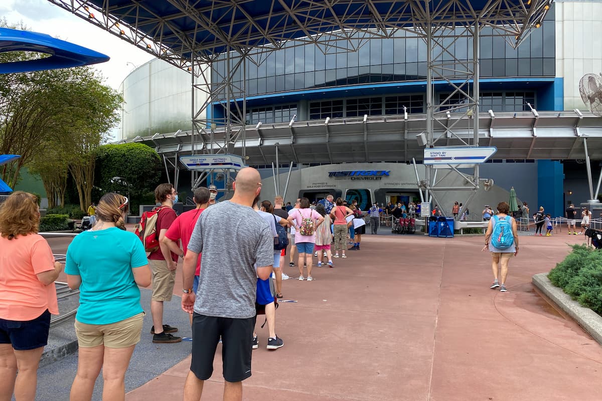 The lines of people waiting to enter the Test Track by Chevrolet ride at EPCOT at Walt Disney World.