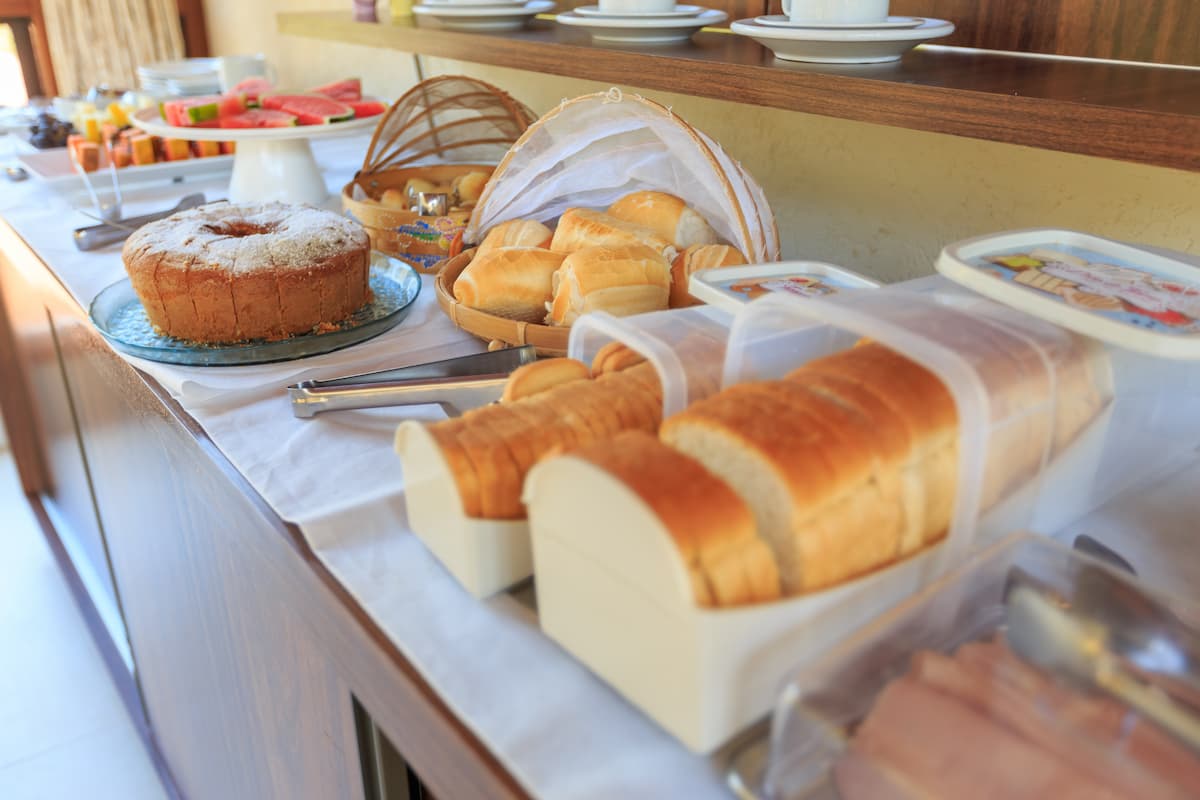 Breakfast buffet at a countertop table.