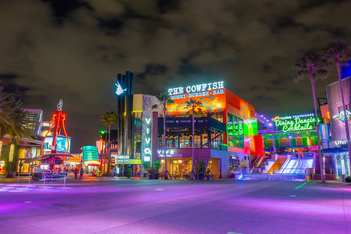 CityWalk at night at Universal Studios Park in Orlando.