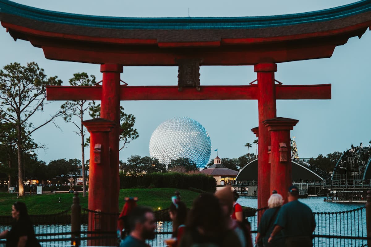 Panoramic view of Spaceship Earth from China Pavilion at EPCOT. 